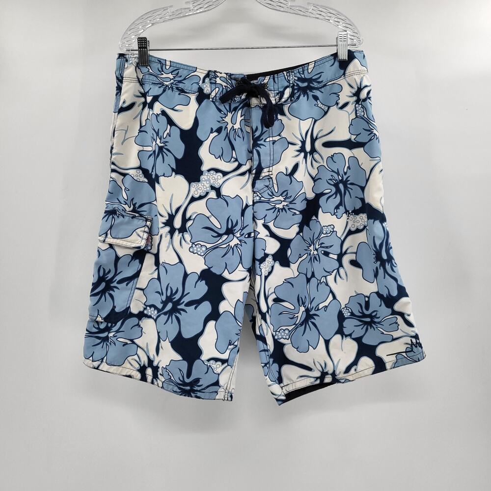 Y2K Micaos Surf's Up Blue & White Tropical Hibiscus Flower Board Shorts Men's 36